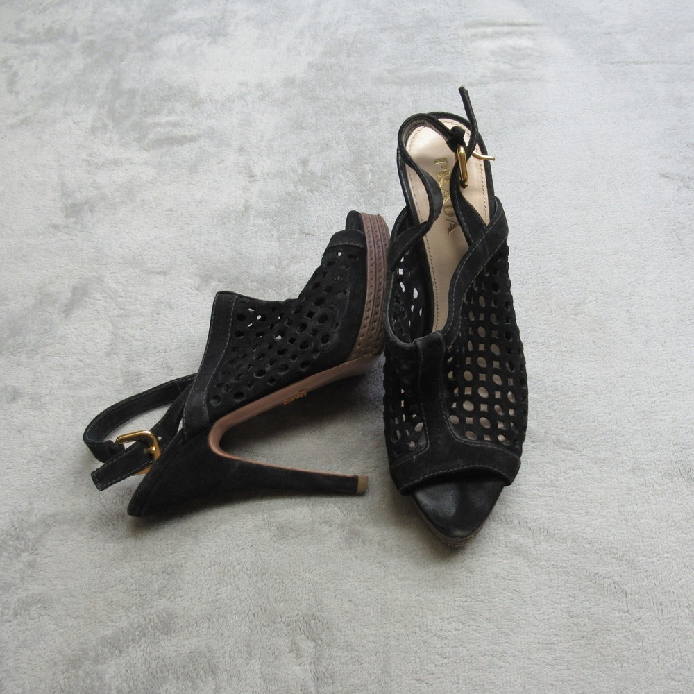 Prada Womens 9 Sandals Black Suede Peep Toe Sling Back Laser Cut Italy Made EU39